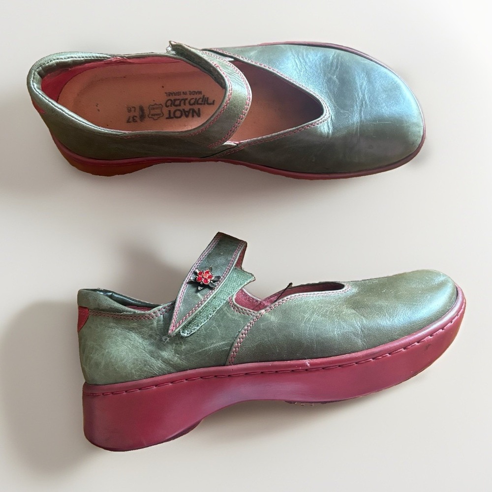 Naot Women's Green Leather Shoes 37 / 6 US Cottage Peasant Bohemian~ FLAWS AS IS